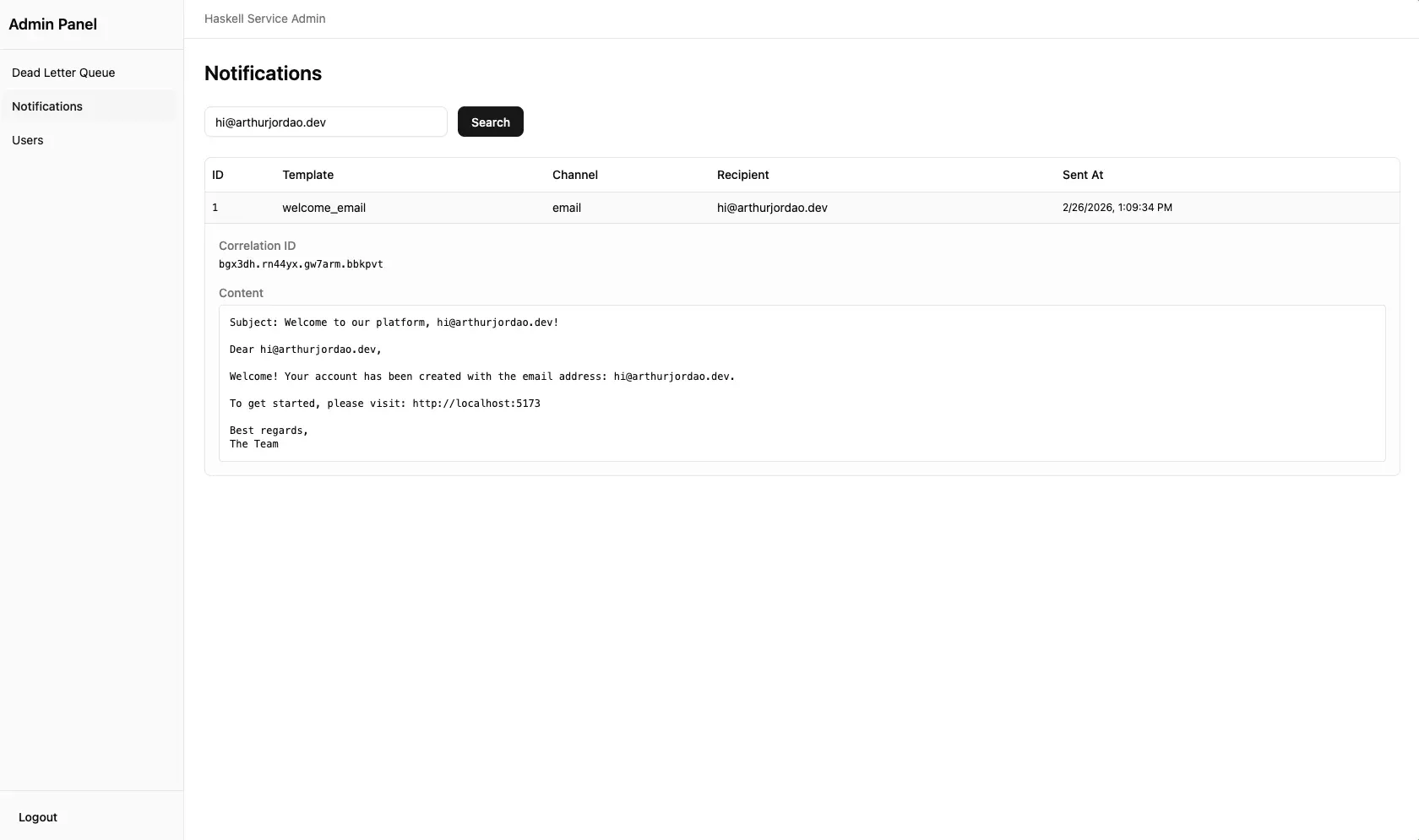 Notifications page showing sent notifications with recipient and rendered template content