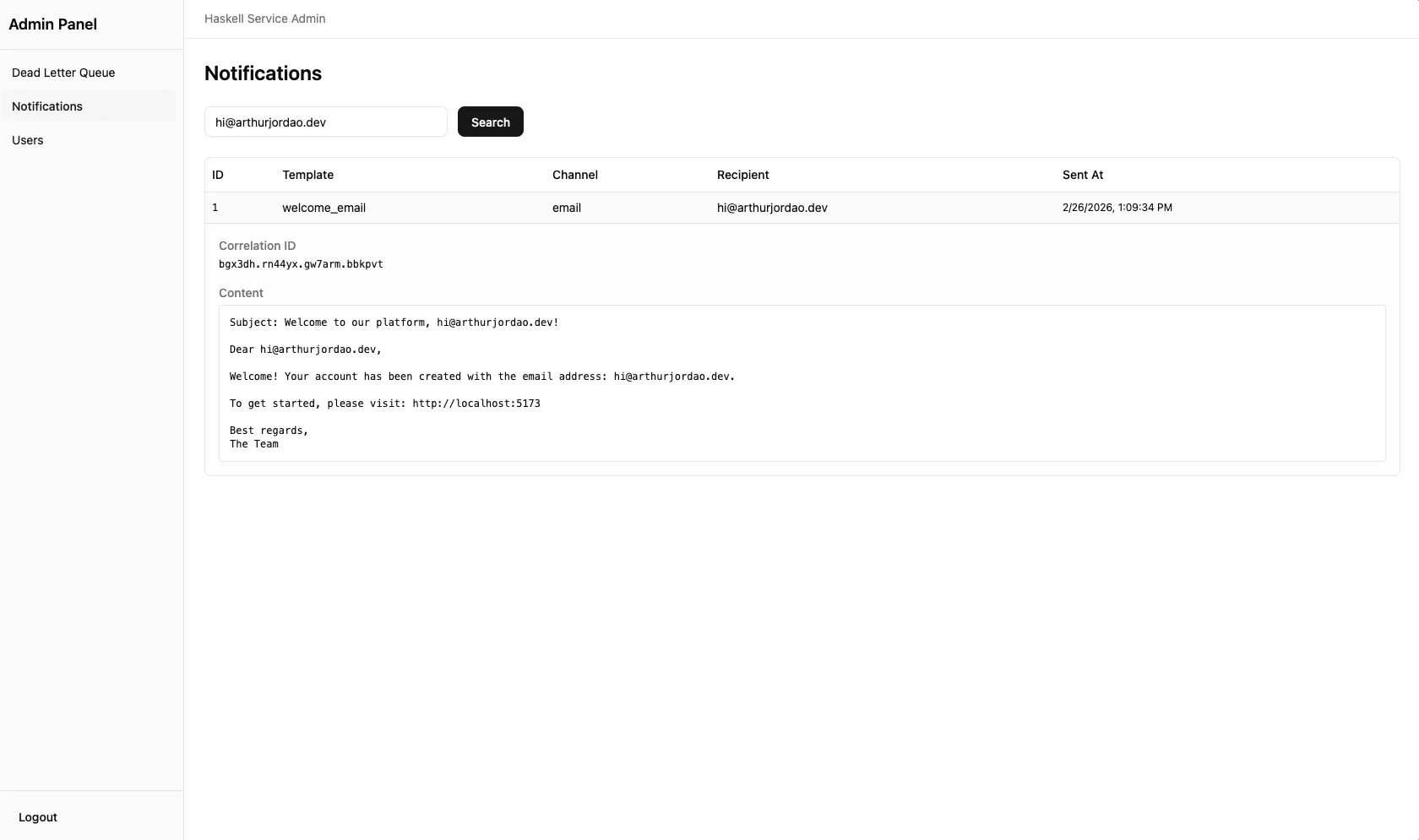 Notifications page showing sent notifications with recipient and rendered template content